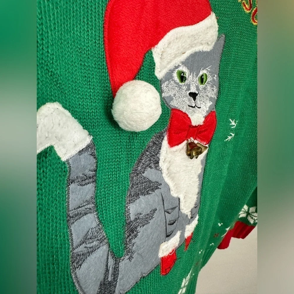 Meowy Christmas Kitty with Bells Ugly Christmas Sweater Sz XL